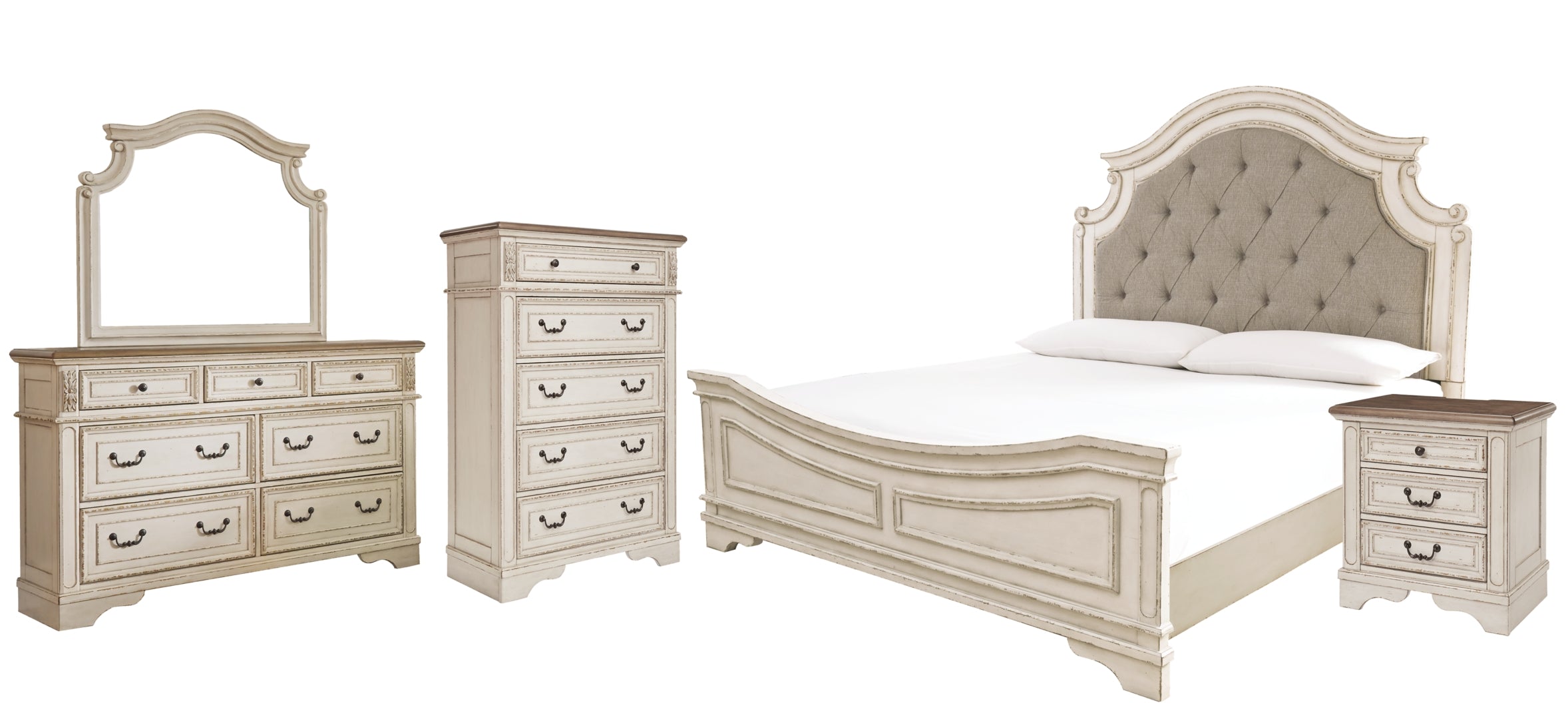 Realyn California King Upholstered Panel Bed with Mirrored Dresser, Chest and Nightstand