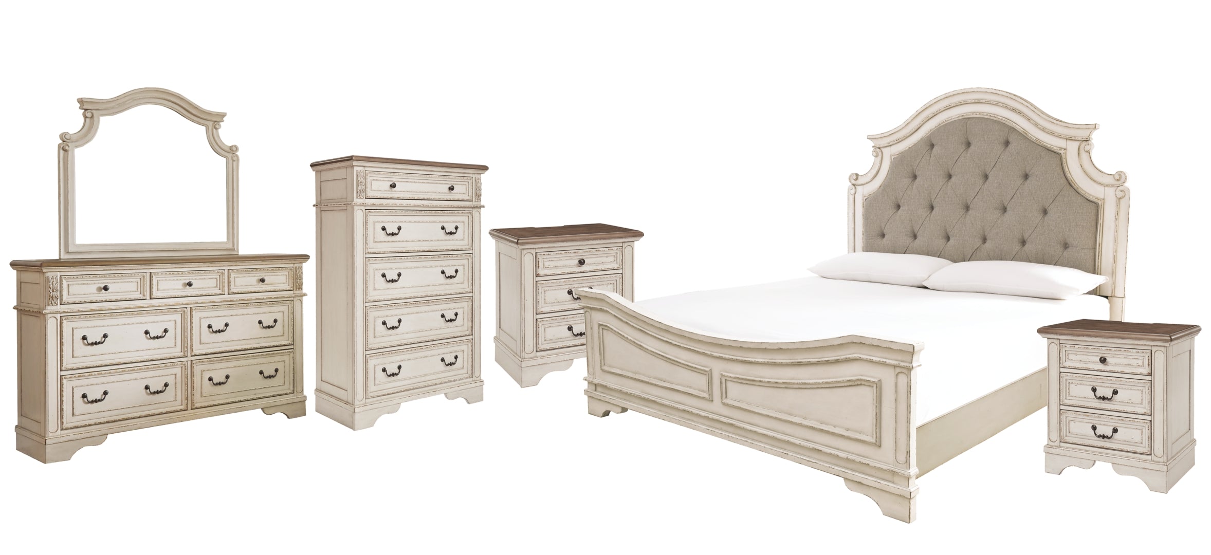 Realyn California King Upholstered Panel Bed with Mirrored Dresser, Chest and 2 Nightstands