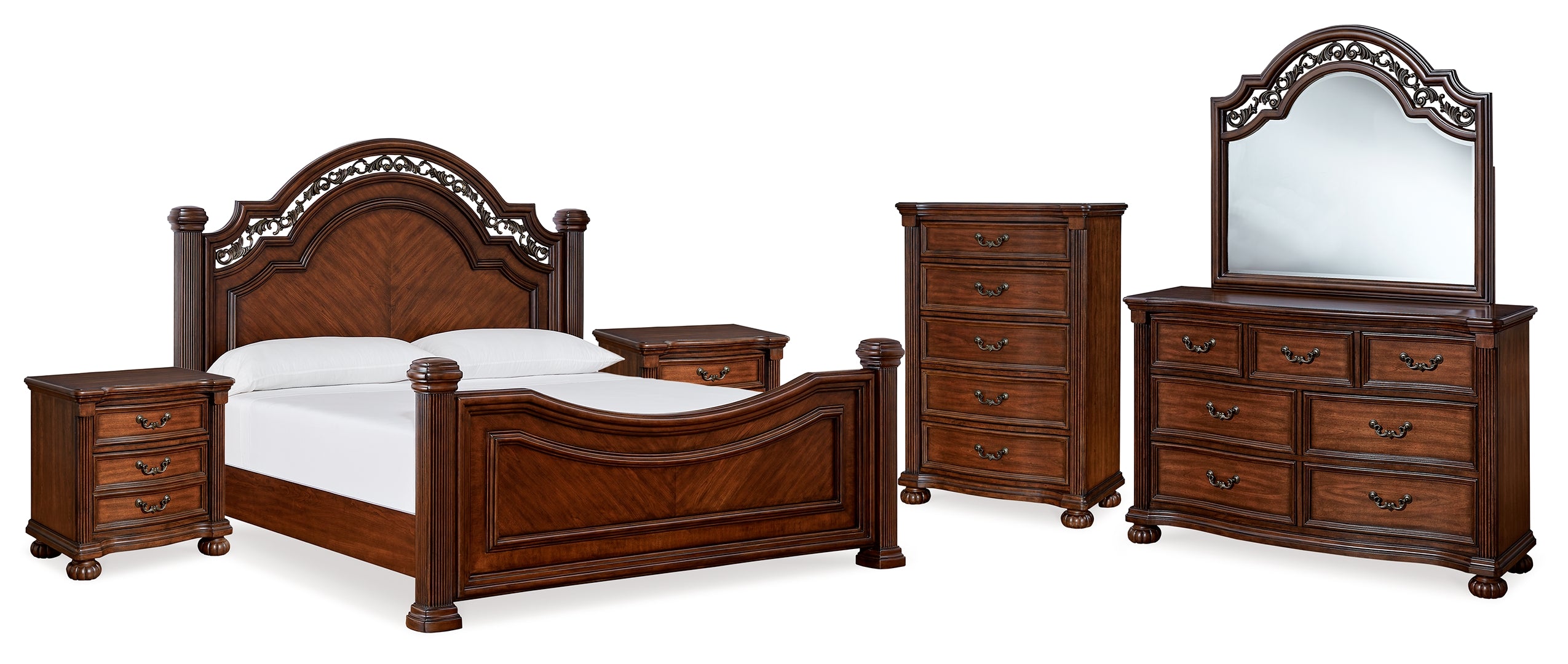 Lavinton Queen Poster Bed with Mirrored Dresser, Chest and 2 Nightstands