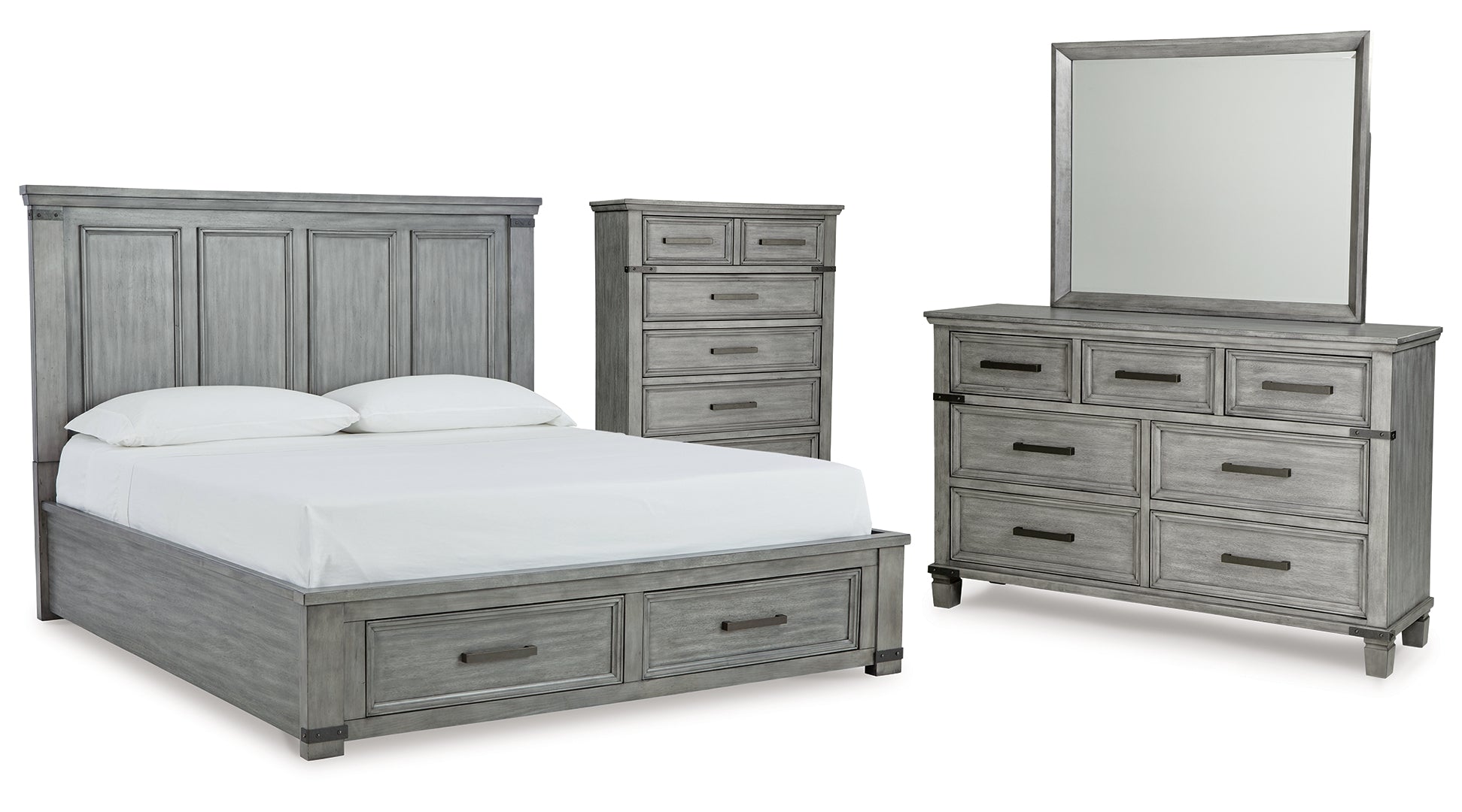 Russelyn King Storage Bed with Mirrored Dresser and Chest