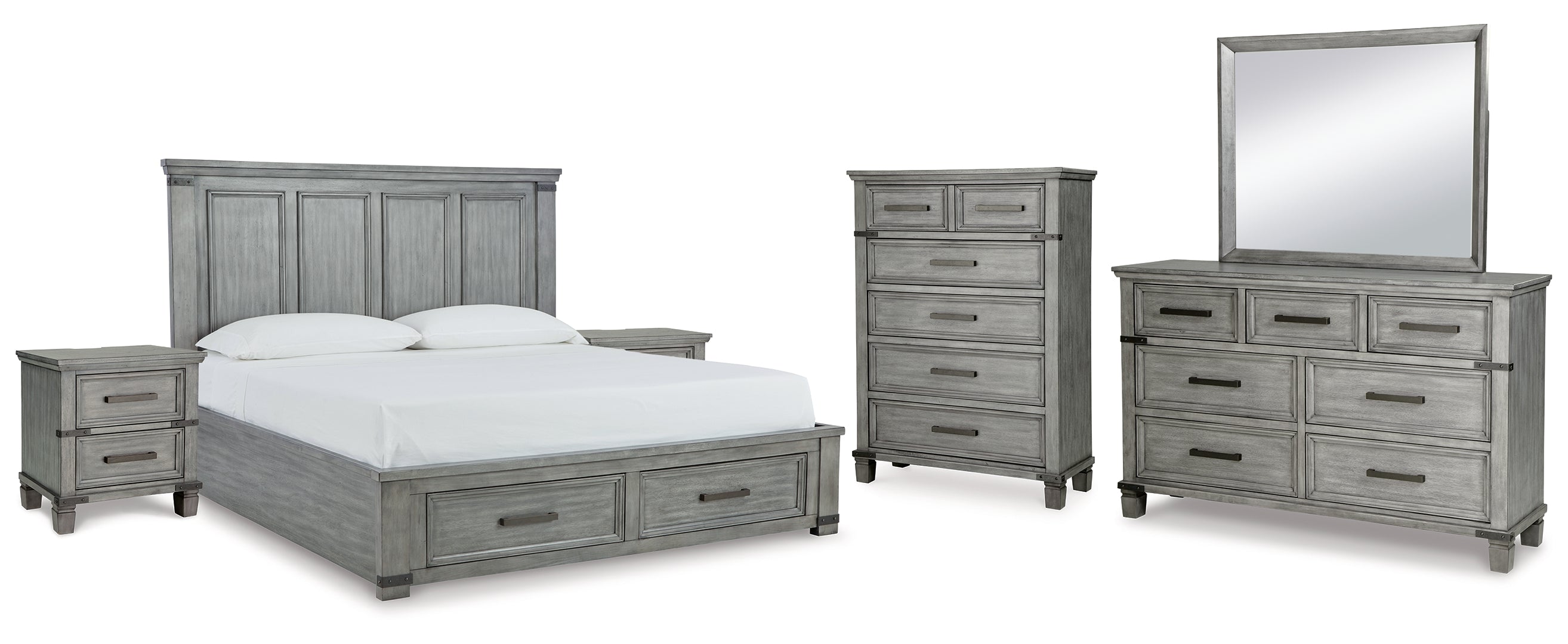 Russelyn California King Storage Bed with Mirrored Dresser, Chest and 2 Nightstands