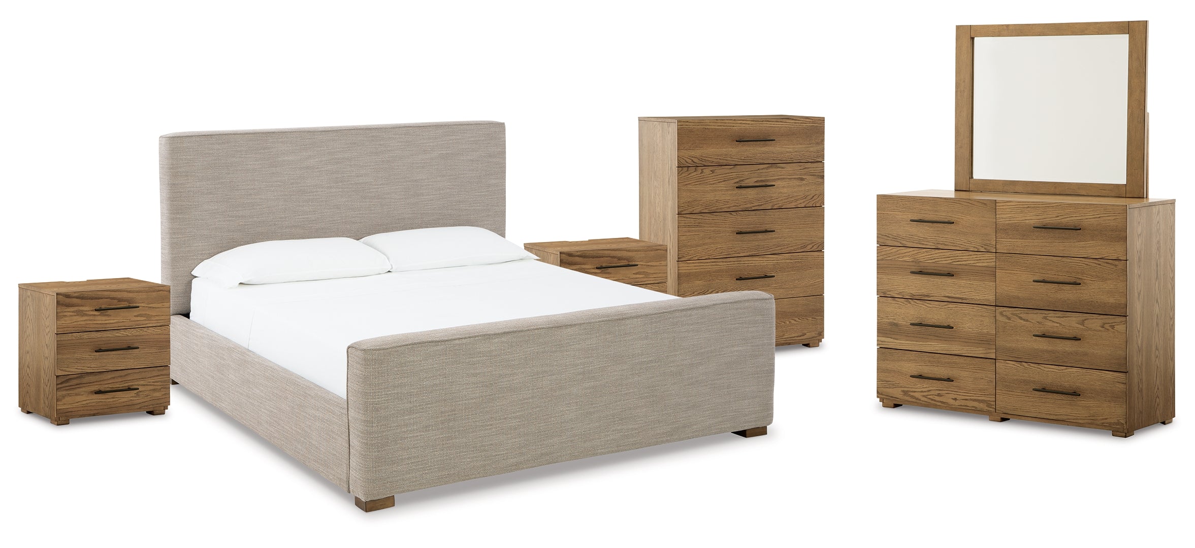 Dakmore California King Upholstered Bed with Mirrored Dresser, Chest and 2 Nightstands