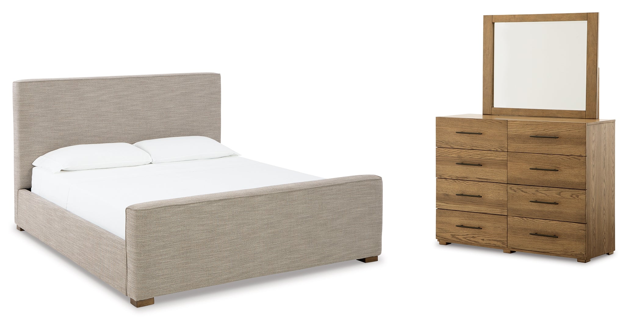 Dakmore King Upholstered Bed with Mirrored Dresser