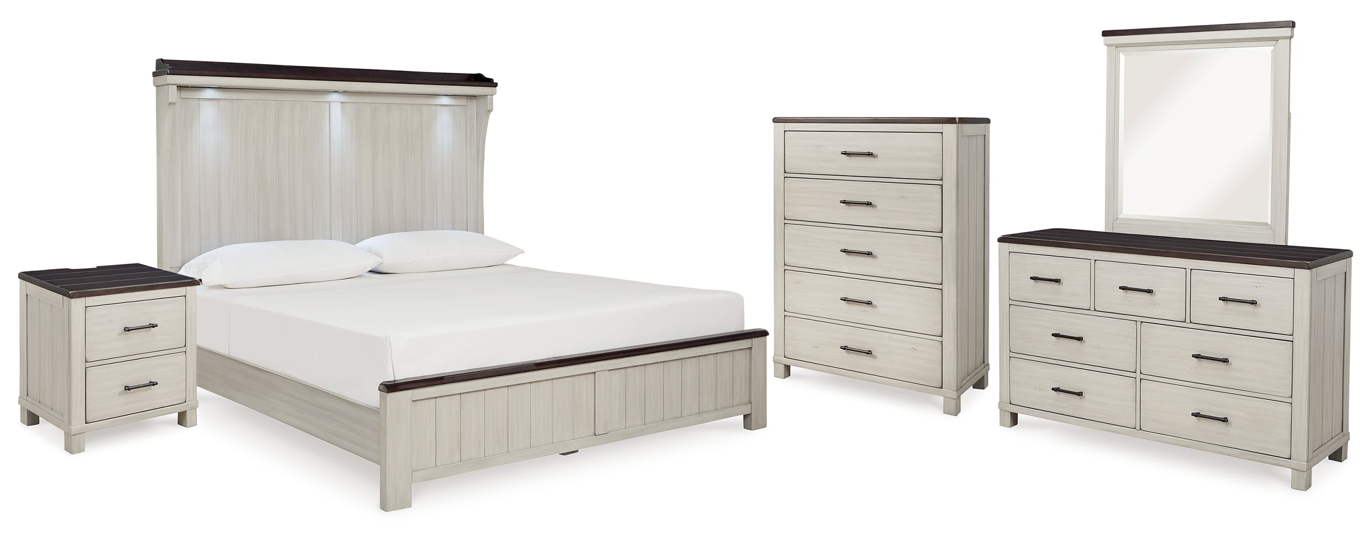 Darborn California King Panel Bed with Mirrored Dresser, Chest and Nightstand