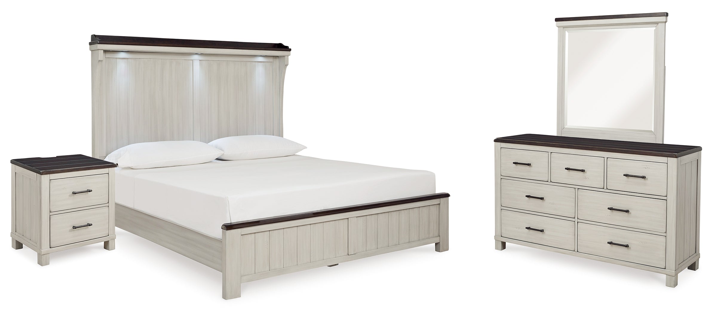 Darborn California King Panel Bed with Mirrored Dresser and Nightstand