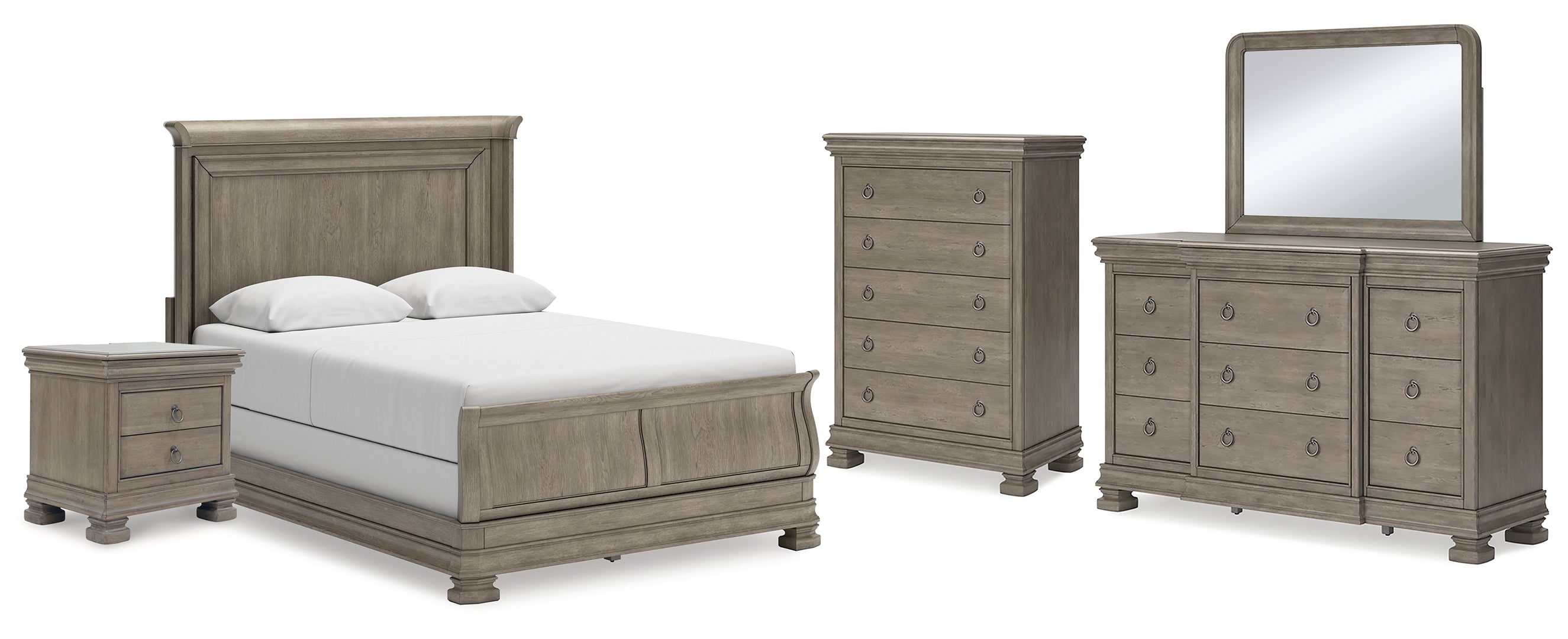 Lexorne Queen Sleigh Bed with Mirrored Dresser, Chest and Nightstand