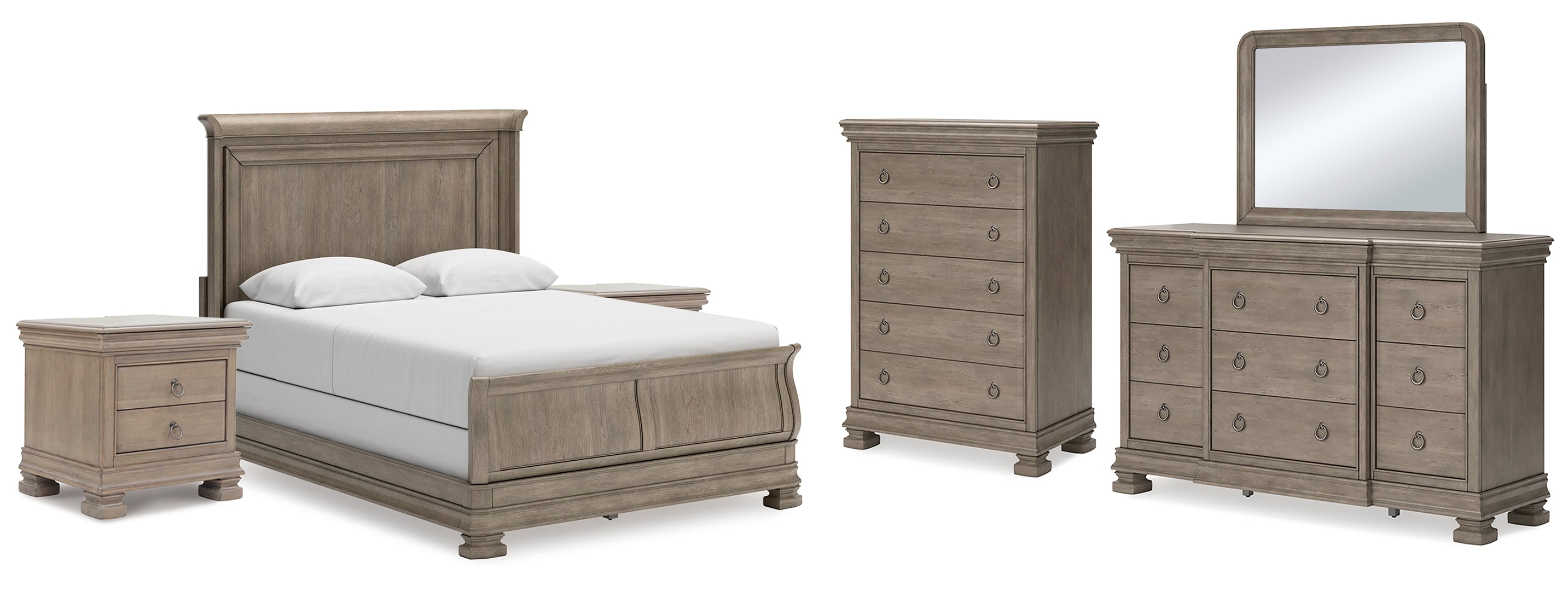 Lexorne Queen Sleigh Bed with Mirrored Dresser, Chest and 2 Nightstands