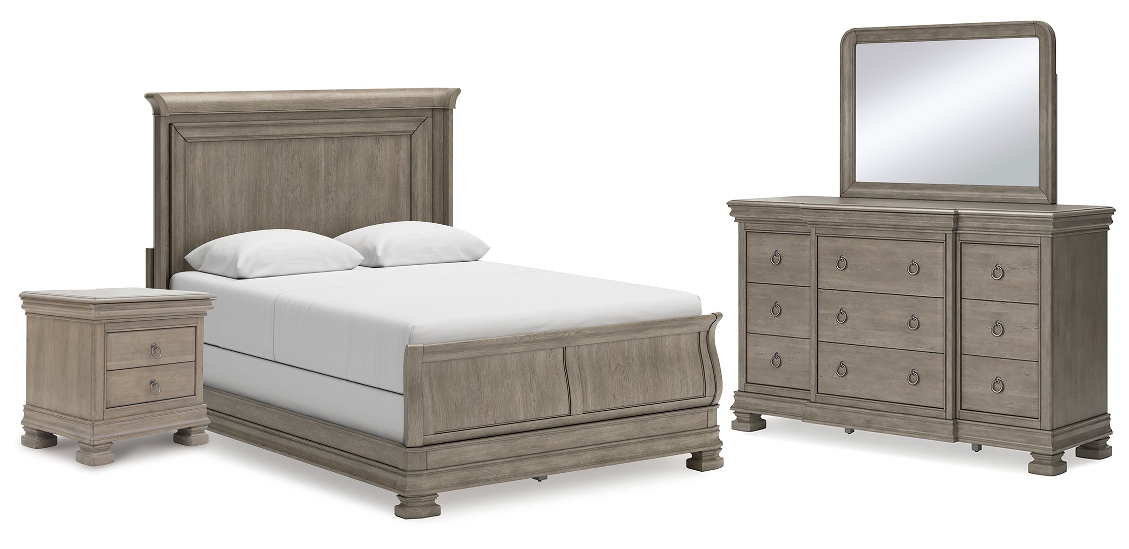 Lexorne Queen Sleigh Bed with Mirrored Dresser and Nightstand