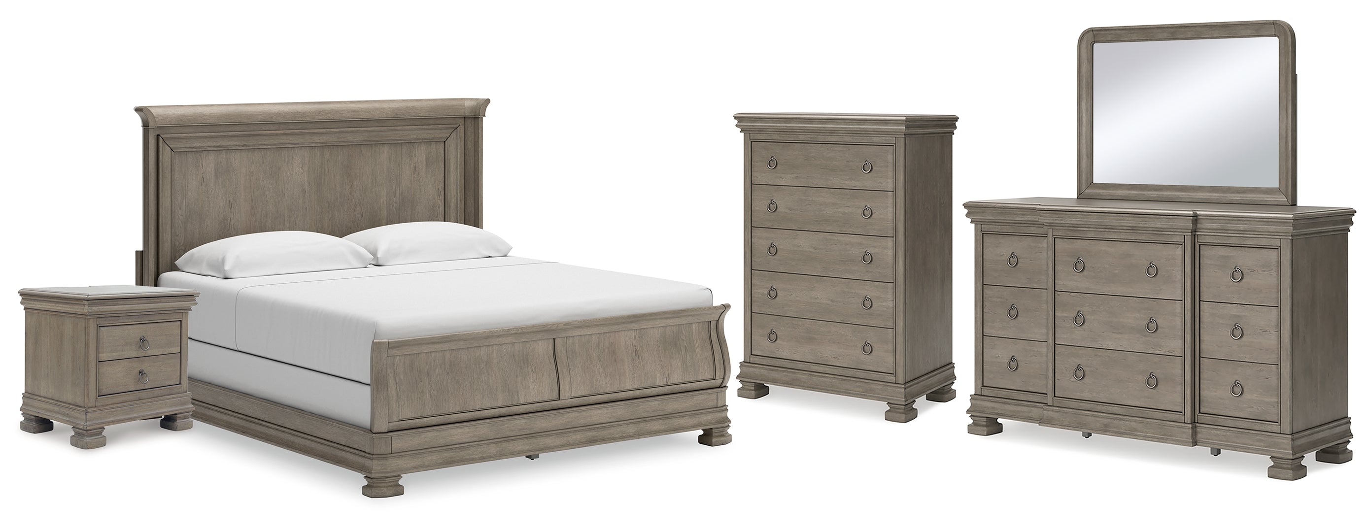 Lexorne King Sleigh Bed with Mirrored Dresser, Chest and Nightstand