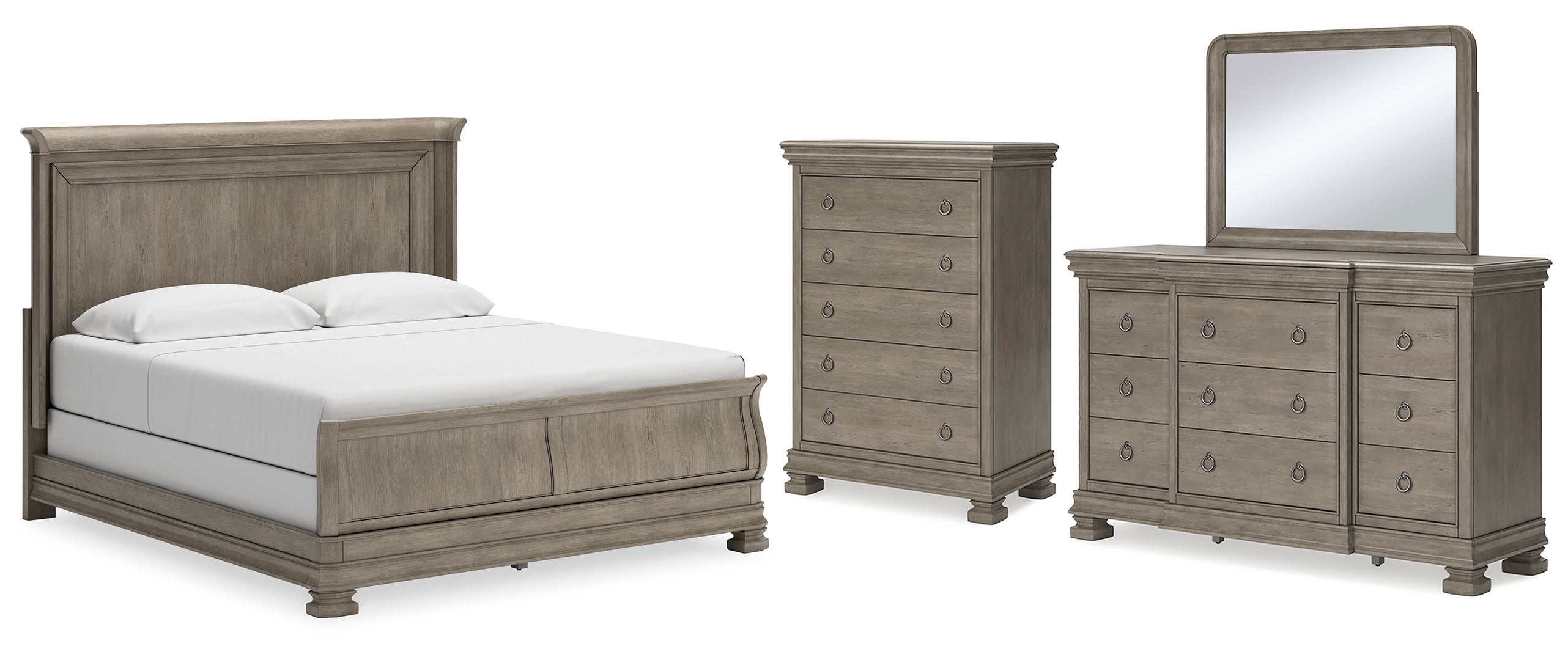 Lexorne King Sleigh Bed with Mirrored Dresser and Chest