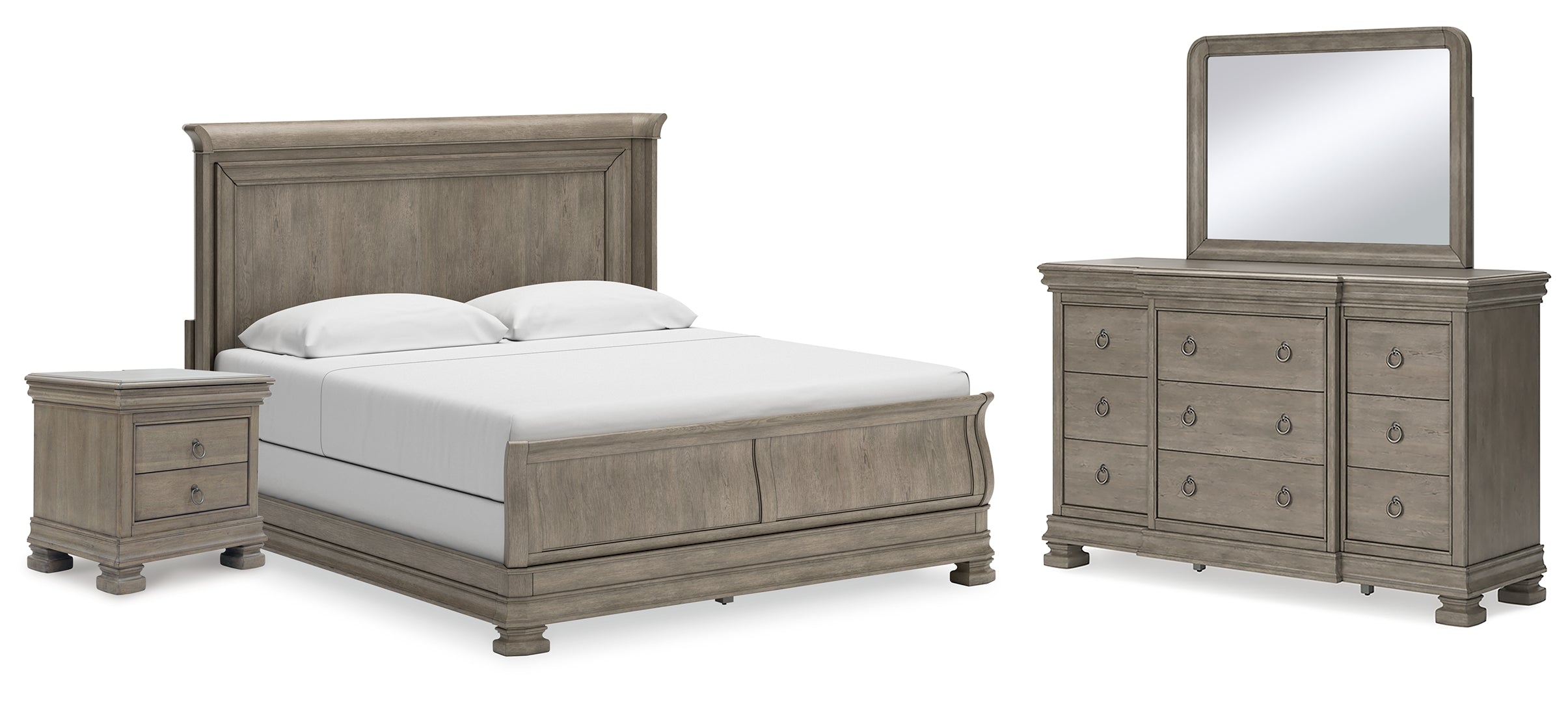 Lexorne California King Sleigh Bed with Mirrored Dresser and Nightstand