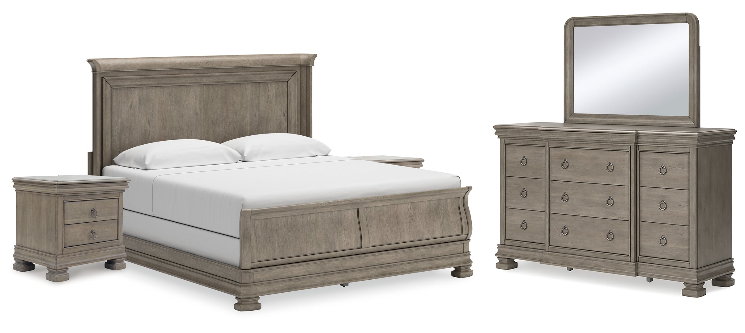 Lexorne California King Sleigh Bed with Mirrored Dresser and 2 Nightstands