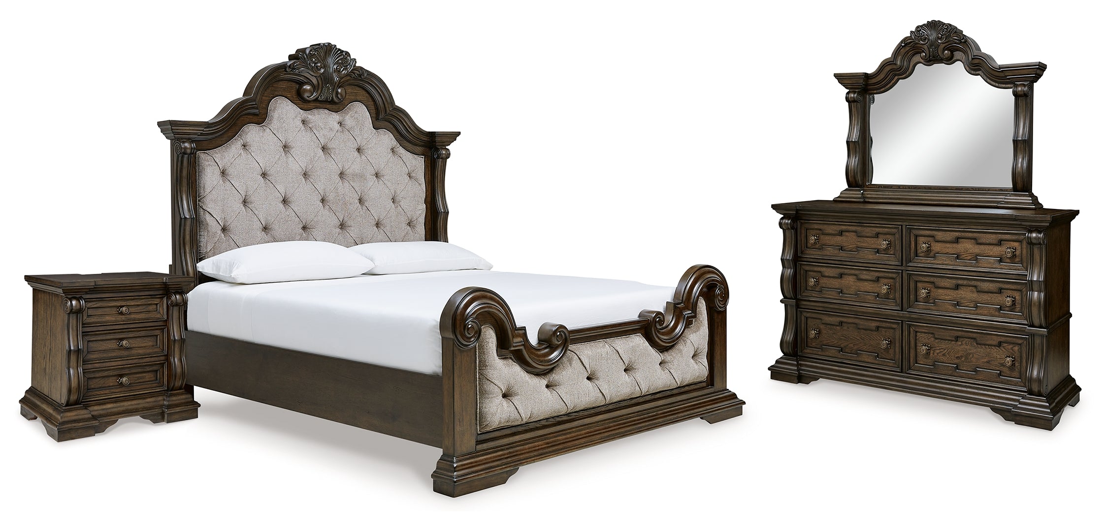 Maylee Queen Upholstered Bed with Mirrored Dresser and Nightstand