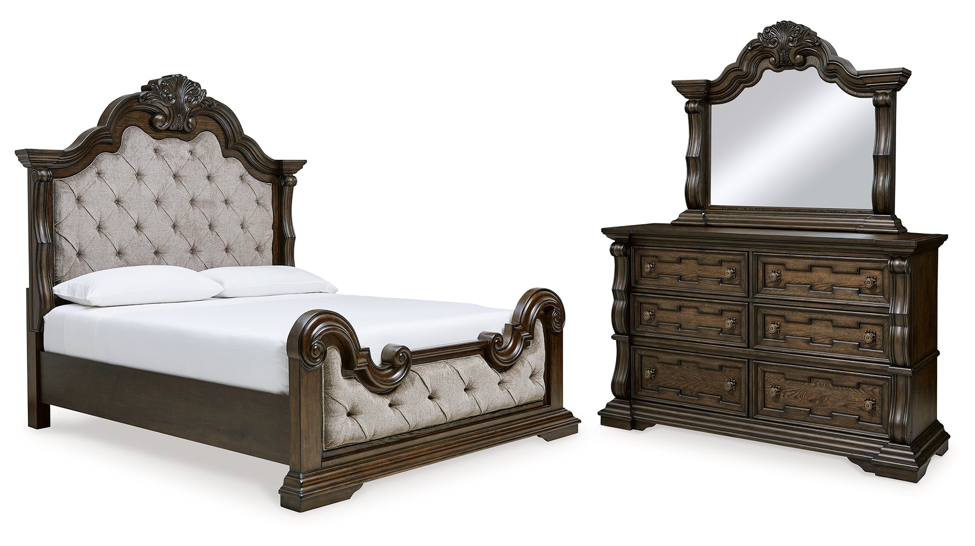 Maylee Queen Upholstered Bed with Mirrored Dresser