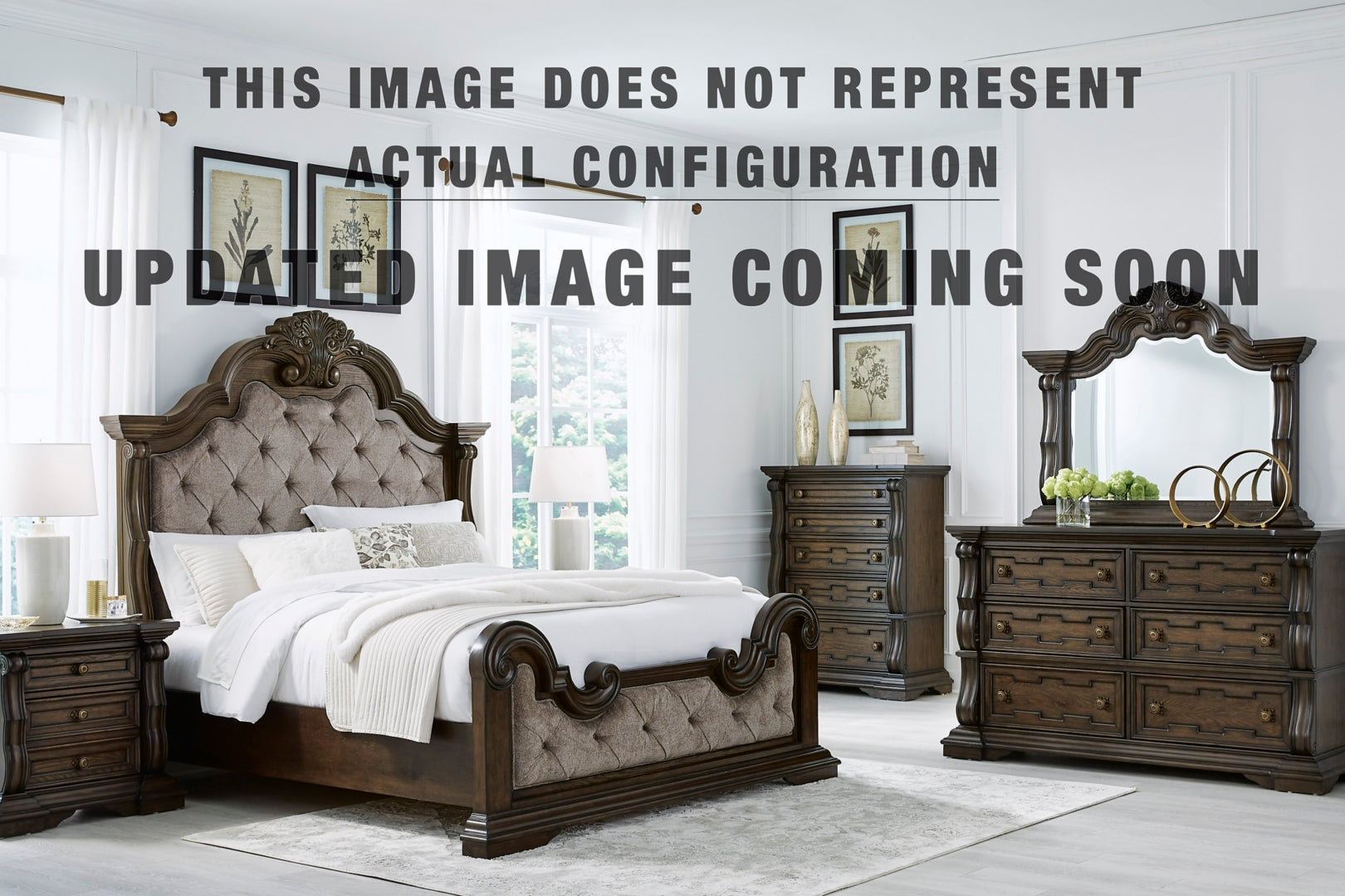 Maylee Queen Upholstered Bed with Mirrored Dresser, Chest and Nightstand