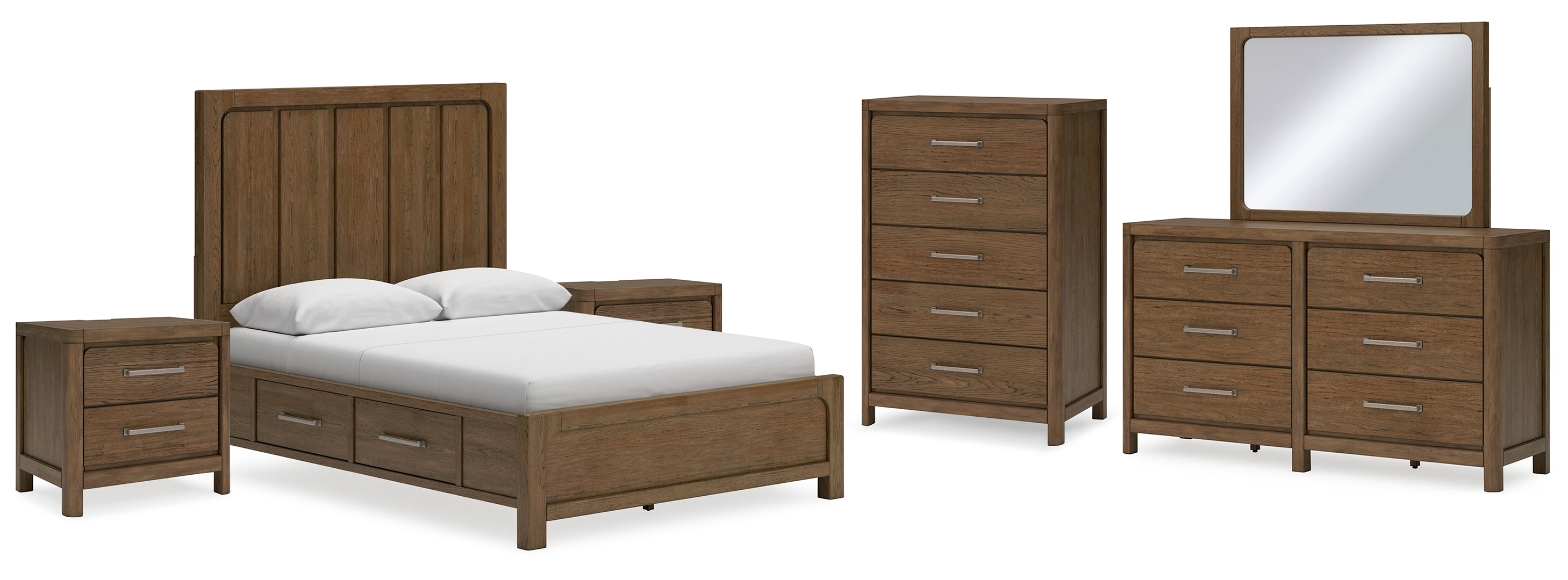 Cabalynn Queen Panel Bed with Storage with Mirrored Dresser, Chest and 2 Nightstands