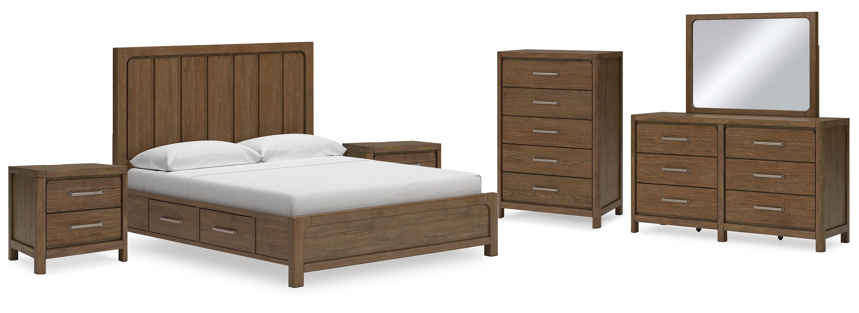 Cabalynn California King Panel Bed with Storage with Mirrored Dresser, Chest and 2 Nightstands