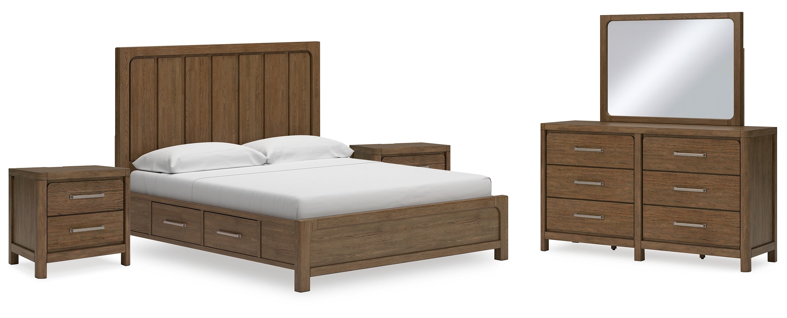 Cabalynn California King Panel Bed with Storage with Mirrored Dresser and 2 Nightstands