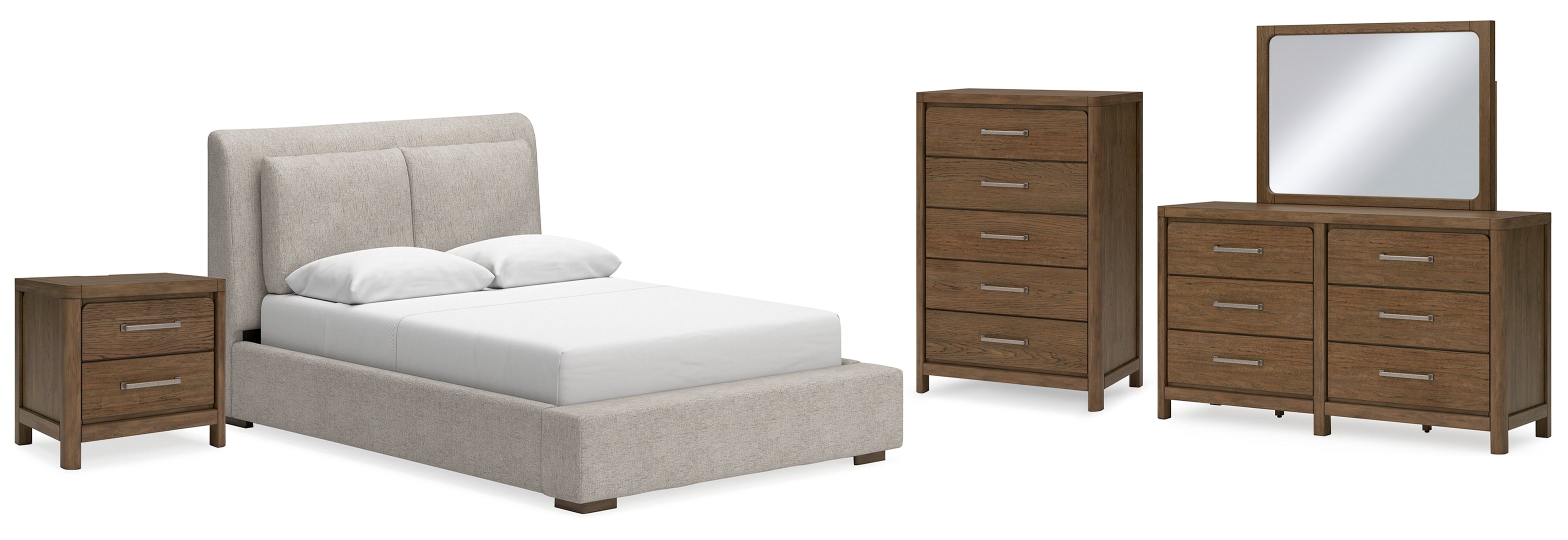 Cabalynn Queen Upholstered Bed with Mirrored Dresser, Chest and Nightstand