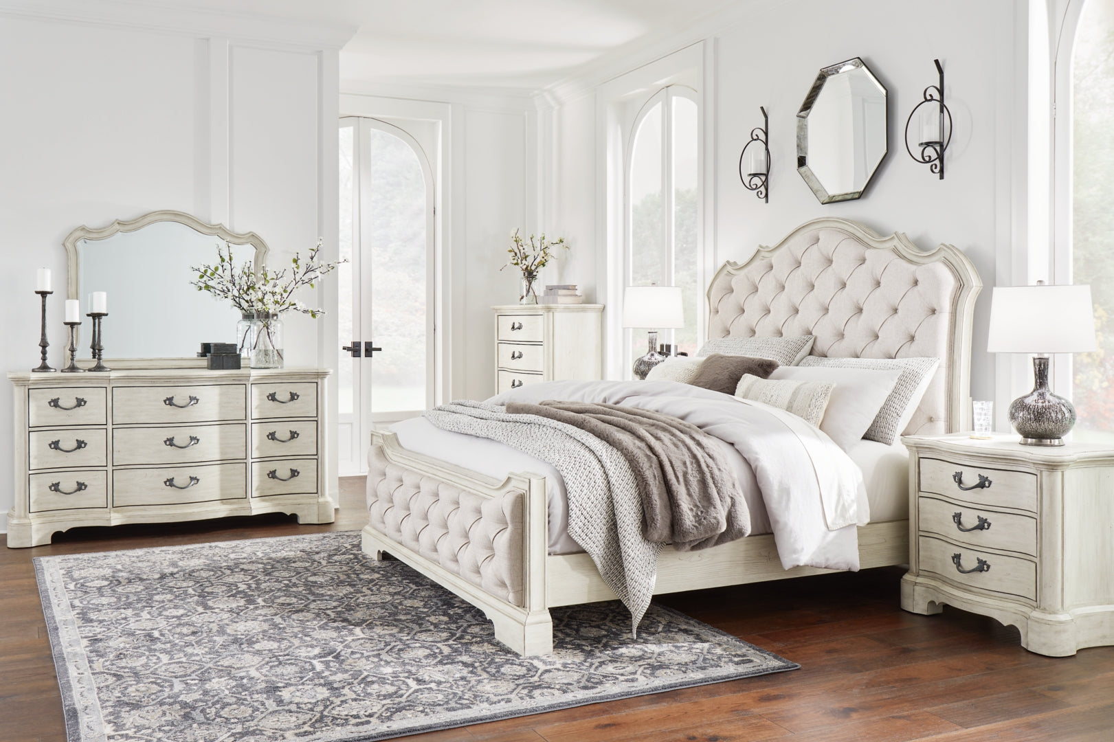 Arlendyne Queen Upholstered Bed with Mirrored Dresser, Chest and 2 Nightstands