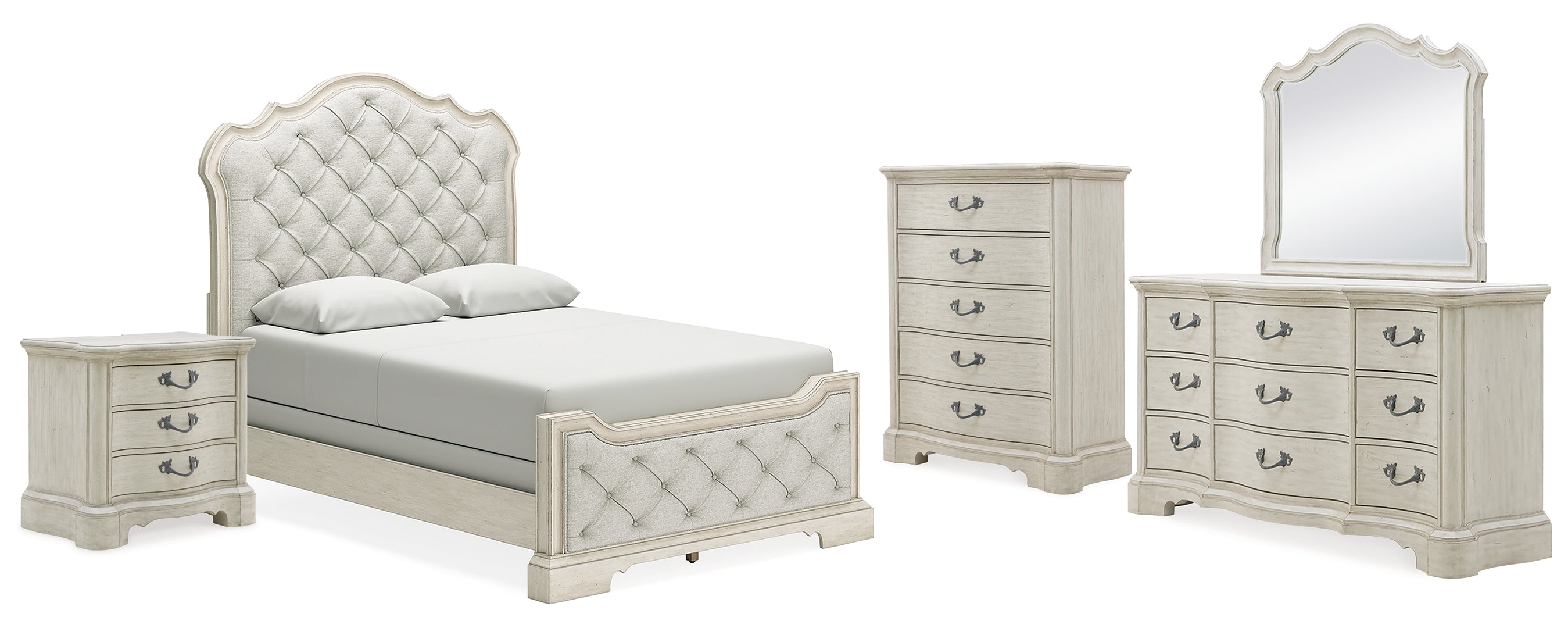 Arlendyne Queen Upholstered Bed with Mirrored Dresser, Chest and Nightstand