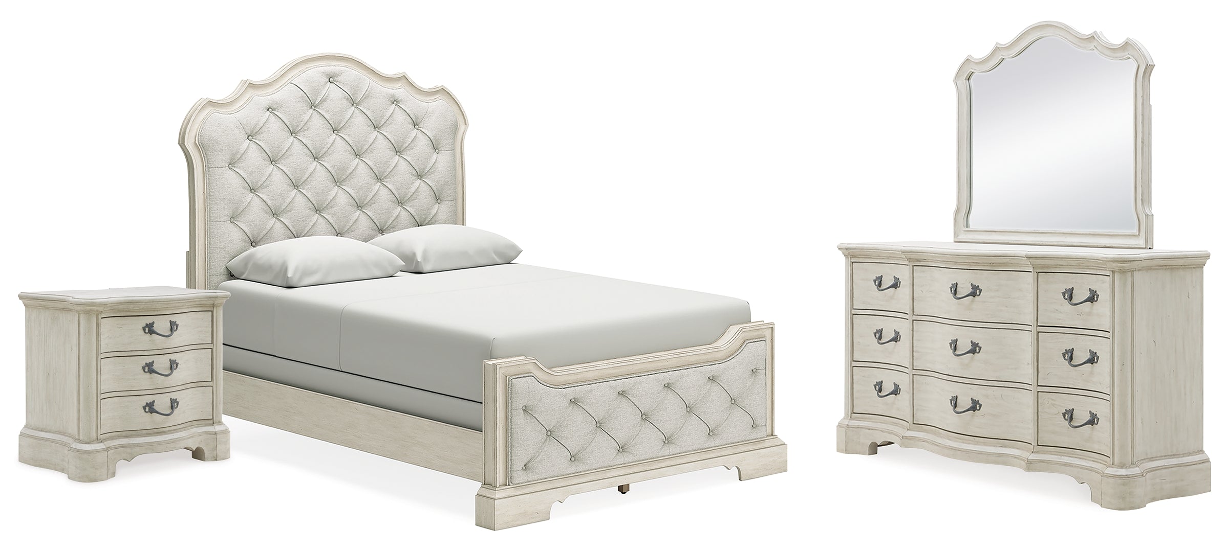 Arlendyne Queen Upholstered Bed with Mirrored Dresser and Nightstand