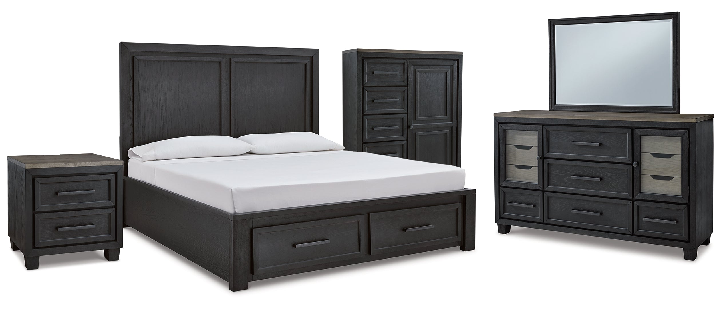 Foyland Queen Panel Storage Bed with Mirrored Dresser, Chest and Nightstand