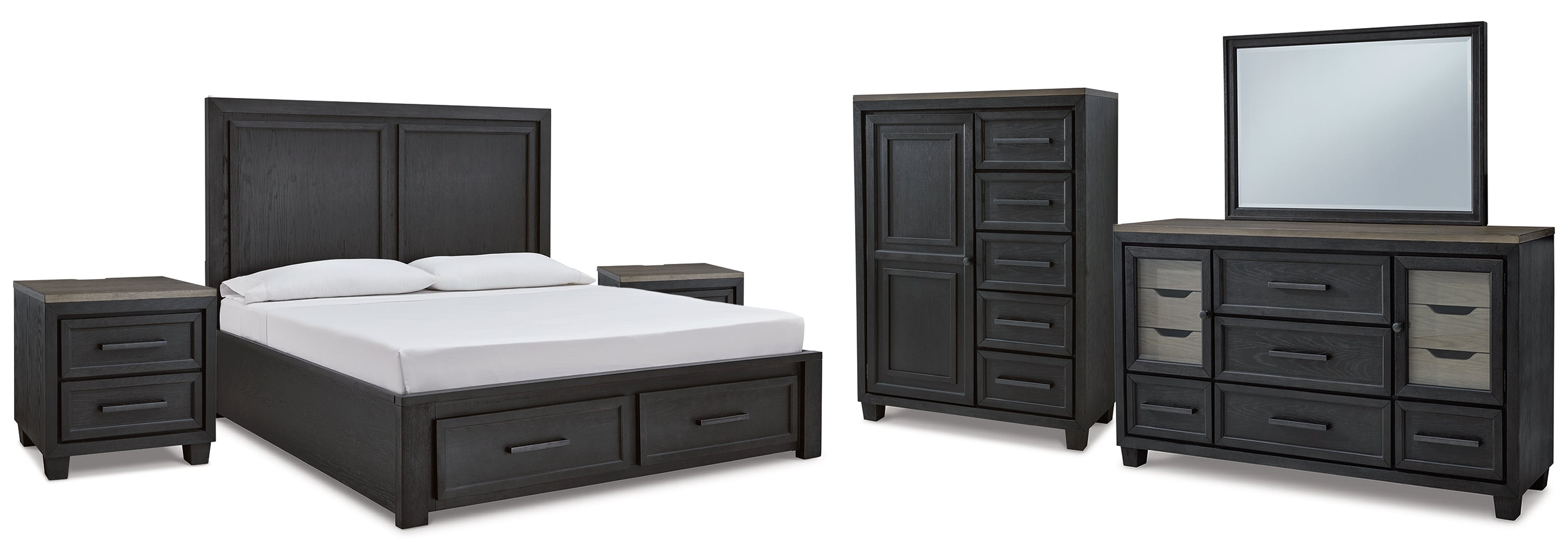 Foyland Queen Panel Storage Bed with Mirrored Dresser, Chest and 2 Nightstands