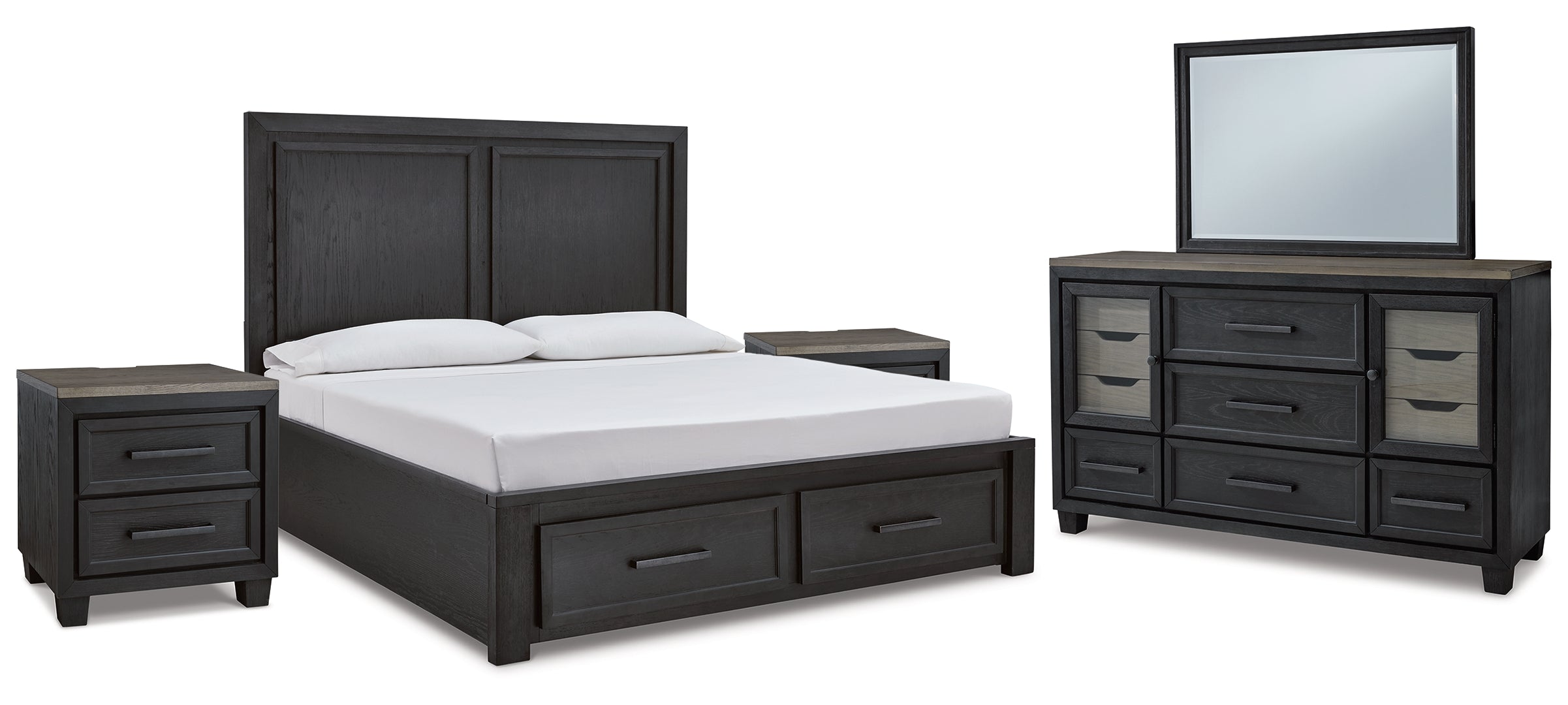 Foyland King Panel Storage Bed with Mirrored Dresser and 2 Nightstands