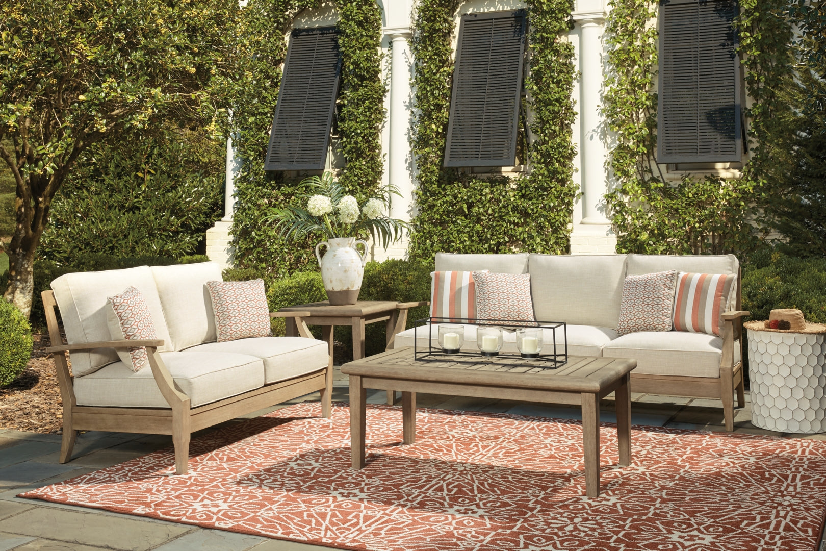 Clare View Outdoor Loveseat and 2 Lounge Chairs with Coffee Table and 2 End Tables