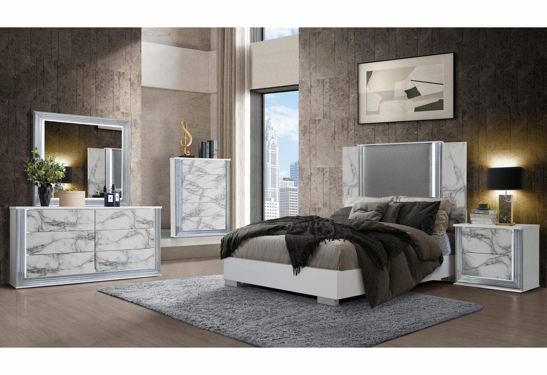 Ylime White Marble Nightstand With Led